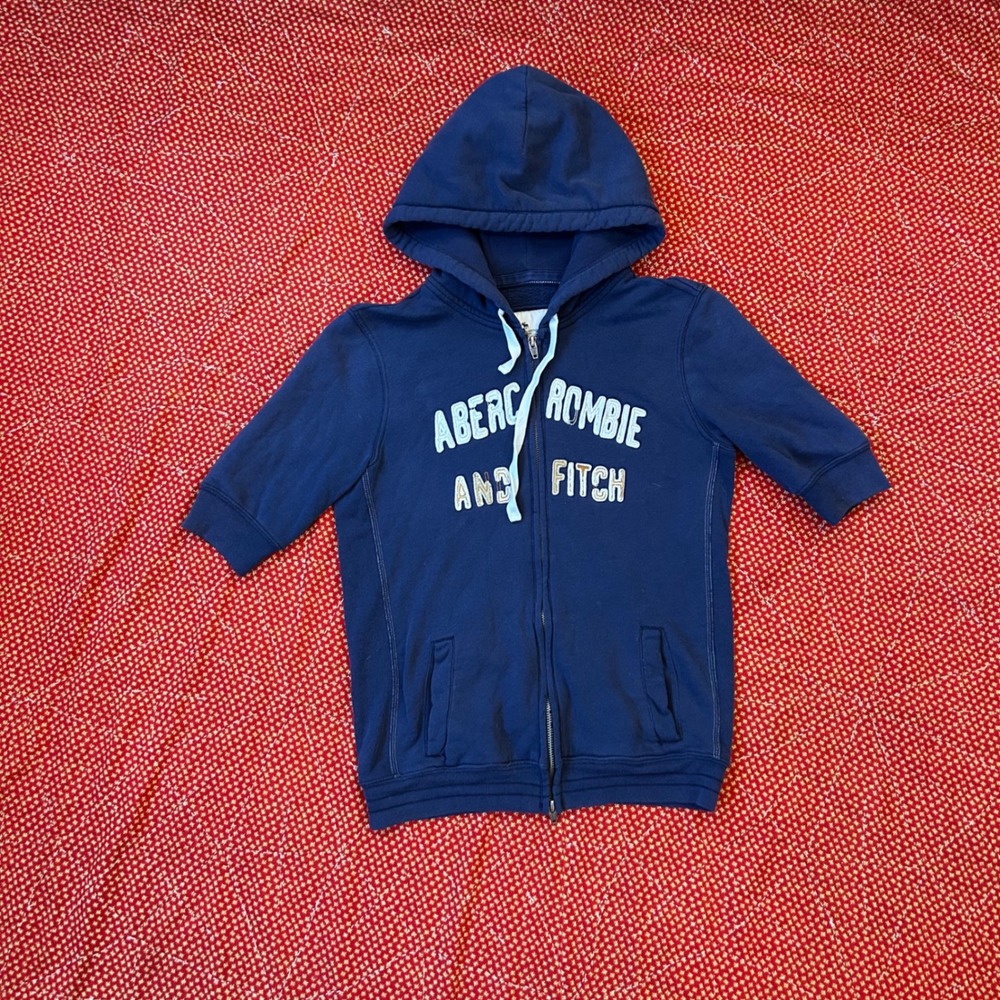 Abercrombie and Fitch Navy Blue Short Sleeve Zip Up Hoodie Medium Vintage Y2K